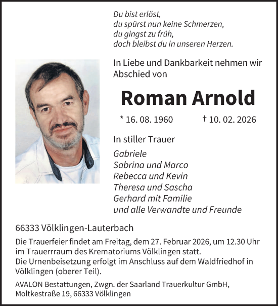 Traueranzeige von Roman Arnold von saarbruecker_zeitung