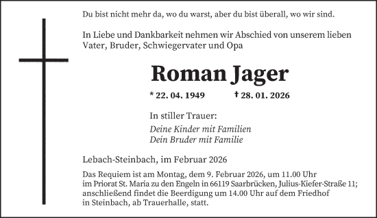 Traueranzeige von Roman Jager von saarbruecker_zeitung