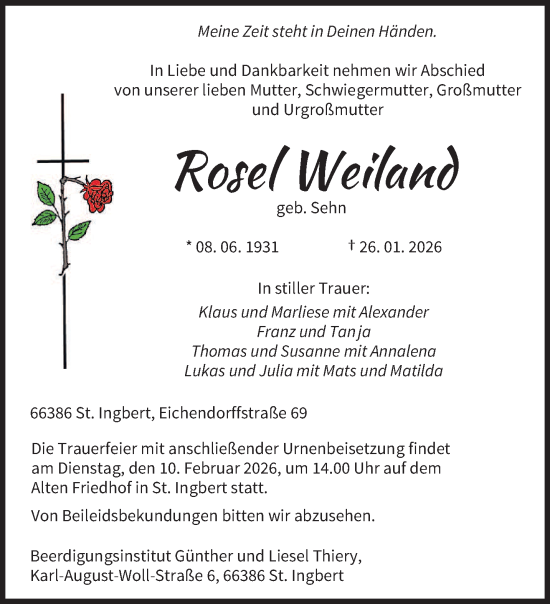Traueranzeige von Rosel Weiland von saarbruecker_zeitung
