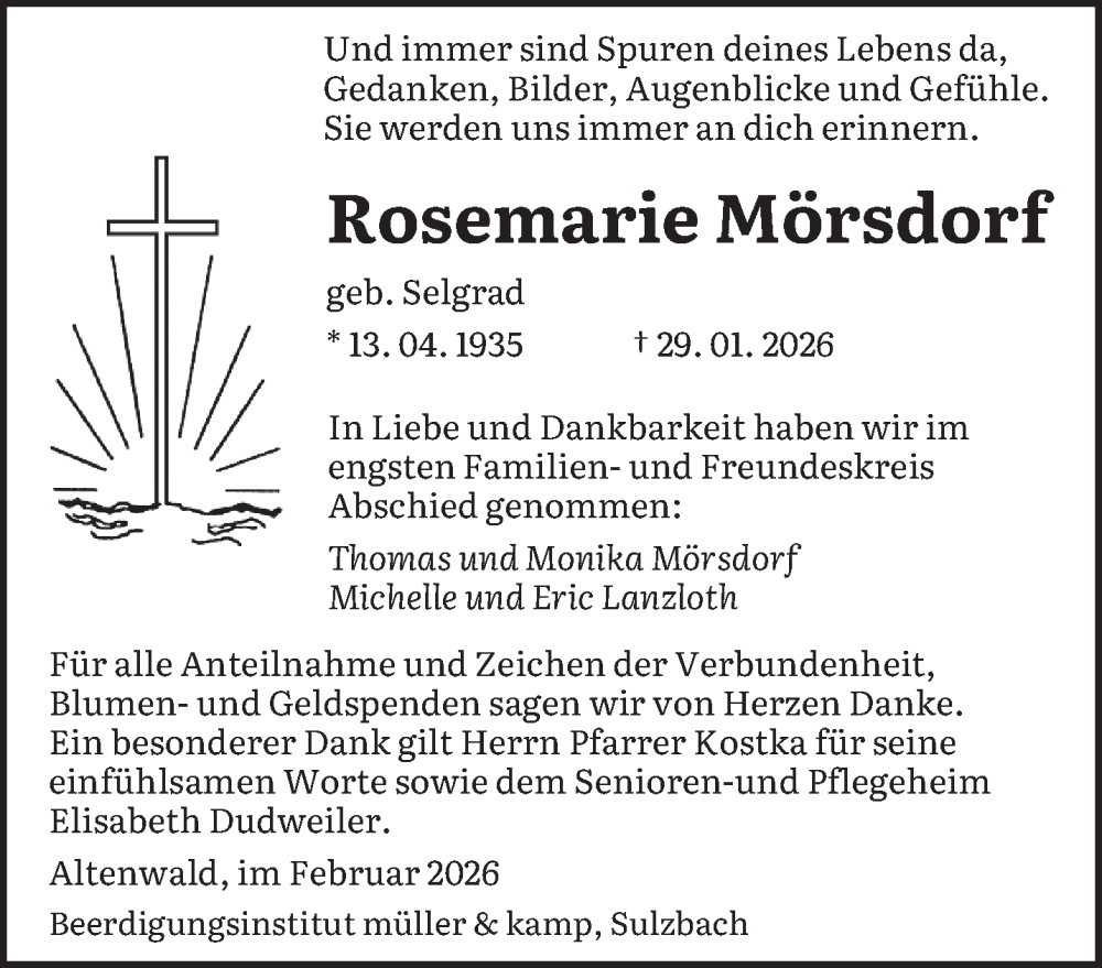  Traueranzeige für Rosemarie Mörsdorf vom 14.02.2026 aus saarbruecker_zeitung