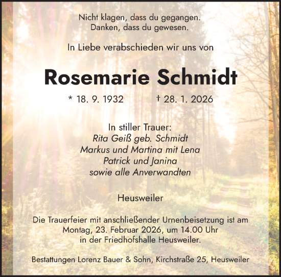 Traueranzeige von Rosemarie Schmidt von saarbruecker_zeitung