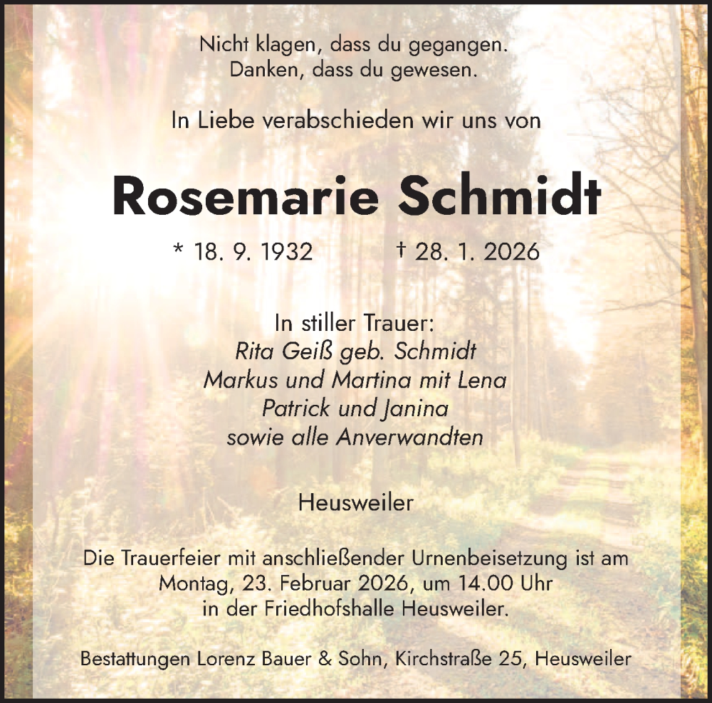  Traueranzeige für Rosemarie Schmidt vom 07.02.2026 aus saarbruecker_zeitung
