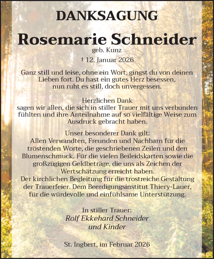  Traueranzeige für Rosemarie Schneider vom 21.02.2026 aus saarbruecker_zeitung