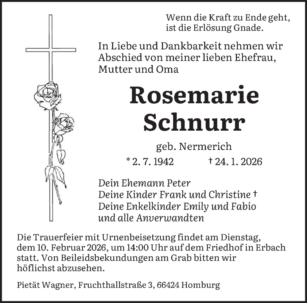 Traueranzeige für Rosemarie Schnurr vom 07.02.2026 aus saarbruecker_zeitung