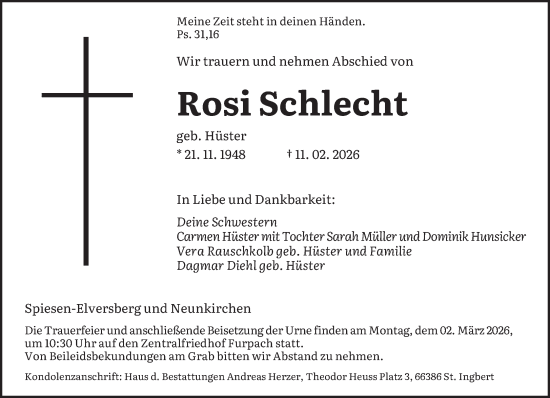 Traueranzeige von Rosi Schlecht von saarbruecker_zeitung
