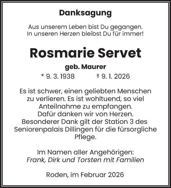 Traueranzeige von Rosmarie Servet von saarbruecker_zeitung