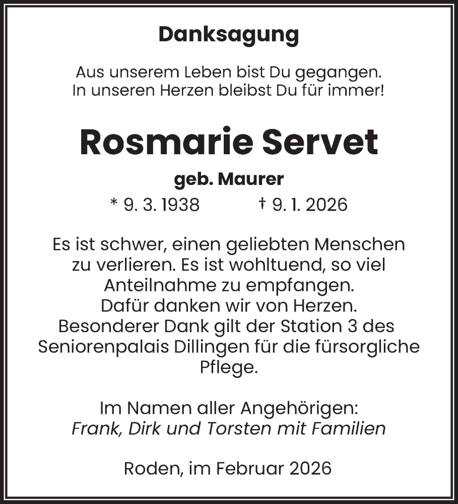  Traueranzeige für Rosmarie Servet vom 14.02.2026 aus saarbruecker_zeitung