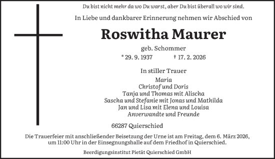 Traueranzeige von Roswitha Maurer von saarbruecker_zeitung