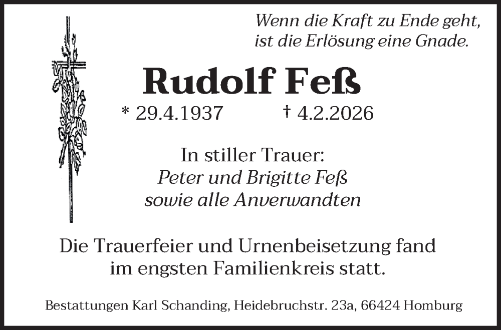  Traueranzeige für Rudolf Feß vom 25.02.2026 aus saarbruecker_zeitung