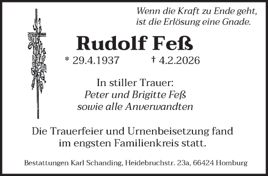 Traueranzeige von Rudolf Feß von saarbruecker_zeitung