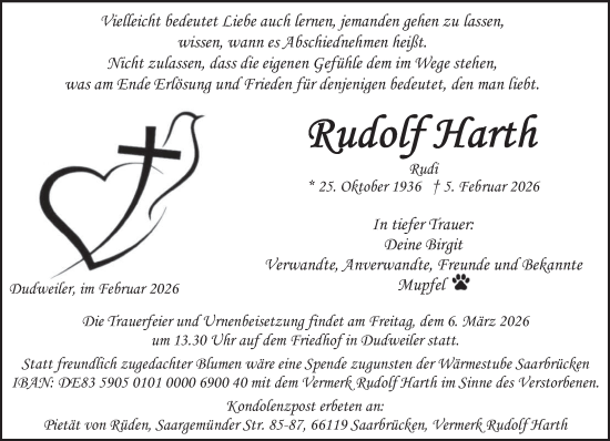Traueranzeige von Rudolf Harth von saarbruecker_zeitung