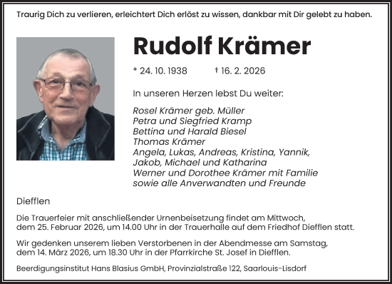Traueranzeige von Rudolf Krämer von saarbruecker_zeitung