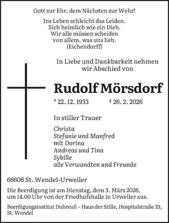 Traueranzeige von Rudolf Mörsdorf von saarbruecker_zeitung
