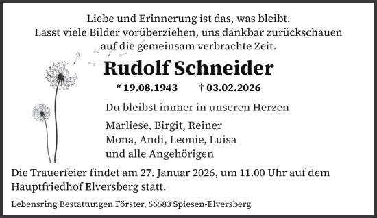 Traueranzeige von Rudolf Schneider von saarbruecker_zeitung