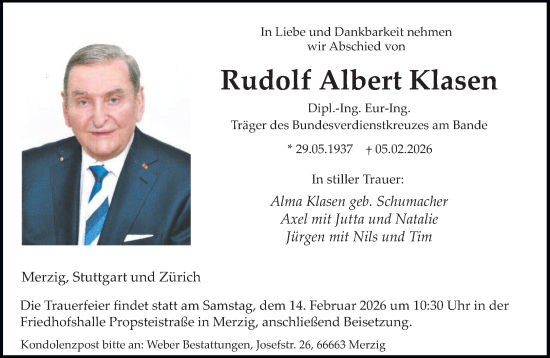 Traueranzeige von Rudolf Albert Klasen von saarbruecker_zeitung