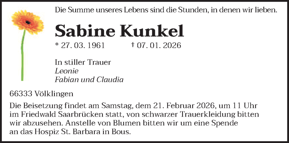  Traueranzeige für Sabine Kunkel vom 14.02.2026 aus saarbruecker_zeitung