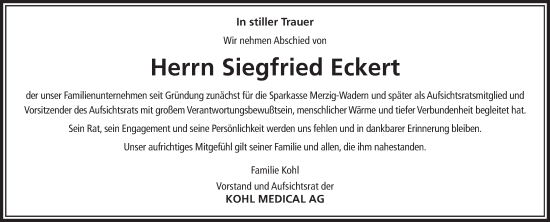 Traueranzeige von Siegfried Eckert von saarbruecker_zeitung