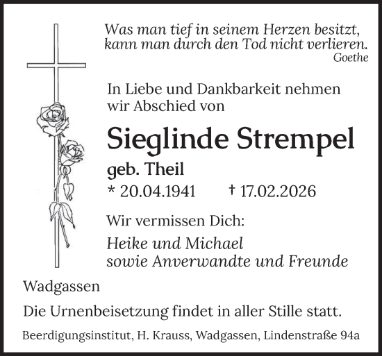 Traueranzeige von Sieglinde Strempel von saarbruecker_zeitung