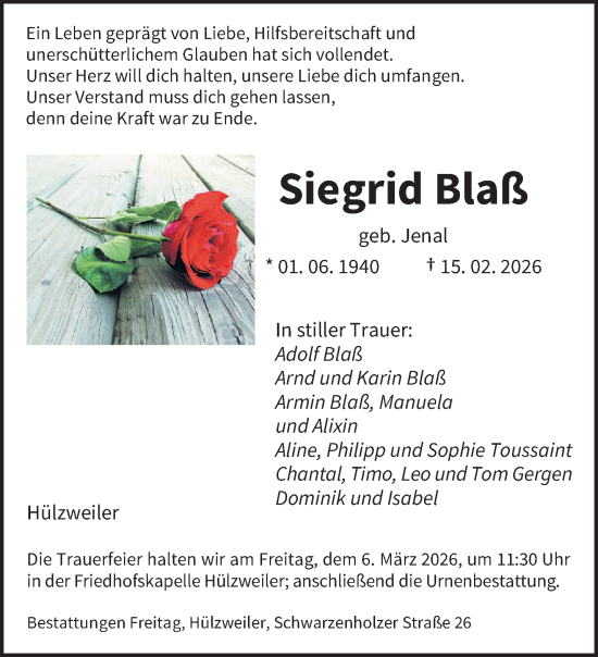 Traueranzeige von Siegrid Blaß von saarbruecker_zeitung