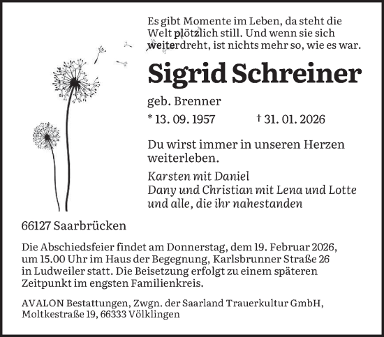 Traueranzeige von Sigrid Schreiner von saarbruecker_zeitung