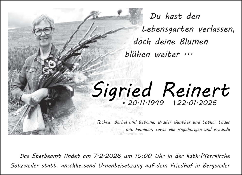  Traueranzeige für Sigried Reinert vom 31.01.2026 aus saarbruecker_zeitung
