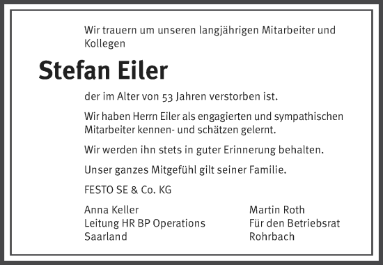 Traueranzeige von Stefan Eiler von saarbruecker_zeitung