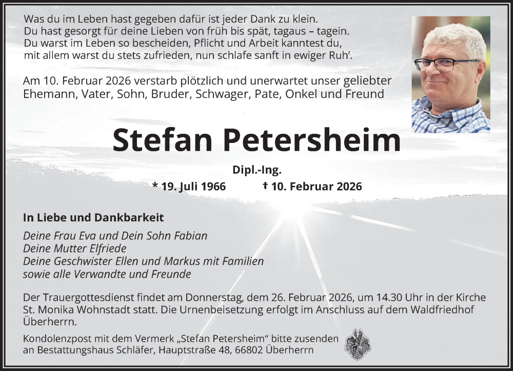  Traueranzeige für Stefan Petersheim vom 21.02.2026 aus saarbruecker_zeitung