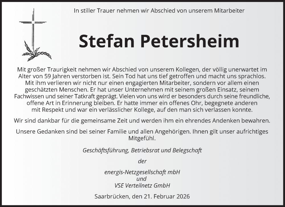 Traueranzeige für Stefan Petersheim vom 21.02.2026 aus saarbruecker_zeitung