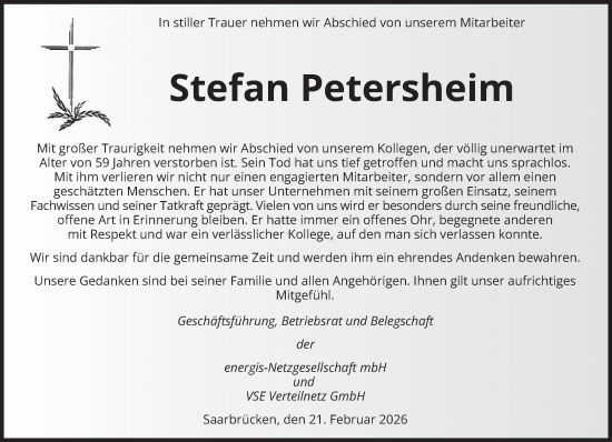 Traueranzeige von Stefan Petersheim von saarbruecker_zeitung