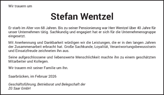 Traueranzeige von Stefan Wentzel von saarbruecker_zeitung