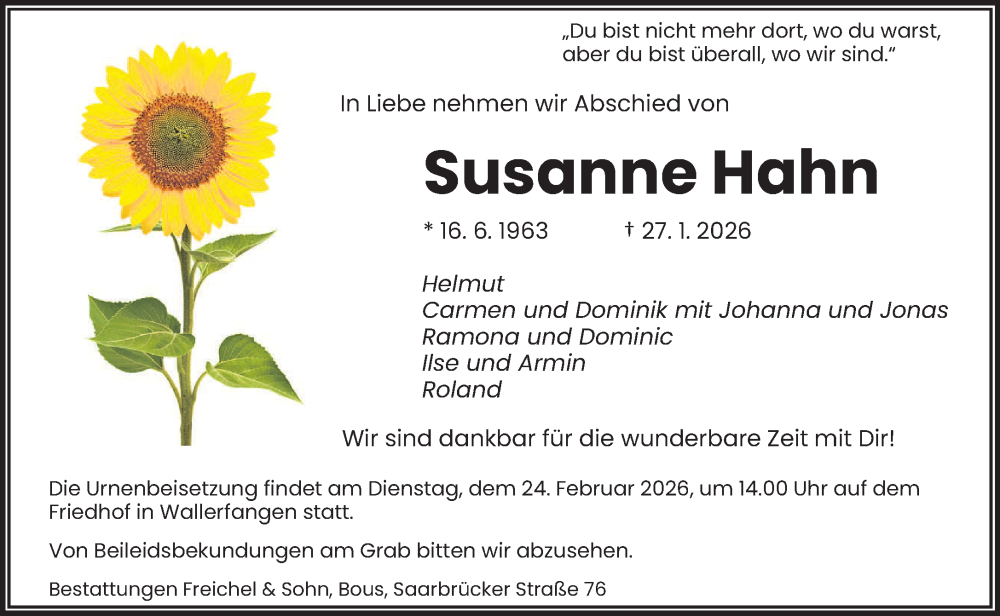  Traueranzeige für Susanne Hahn vom 14.02.2026 aus saarbruecker_zeitung