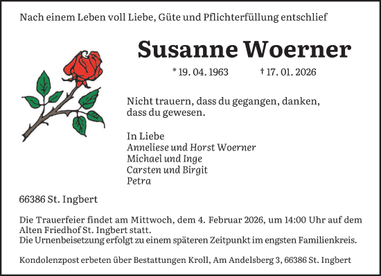 Traueranzeige von Susanne Woerner von saarbruecker_zeitung