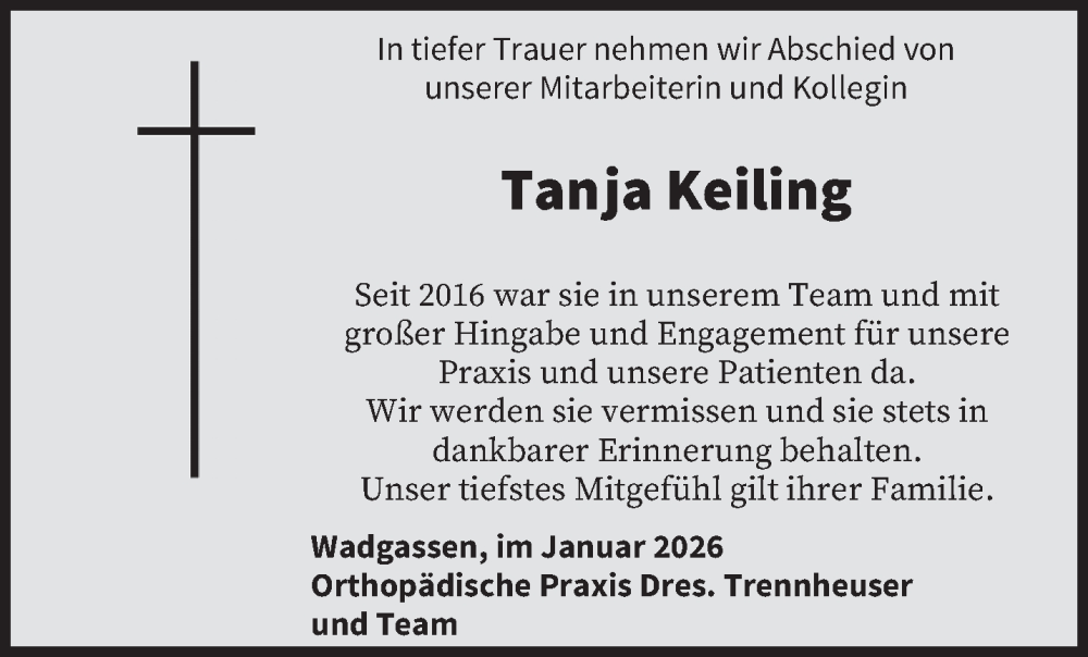  Traueranzeige für Tanja Keiling vom 02.02.2026 aus saarbruecker_zeitung