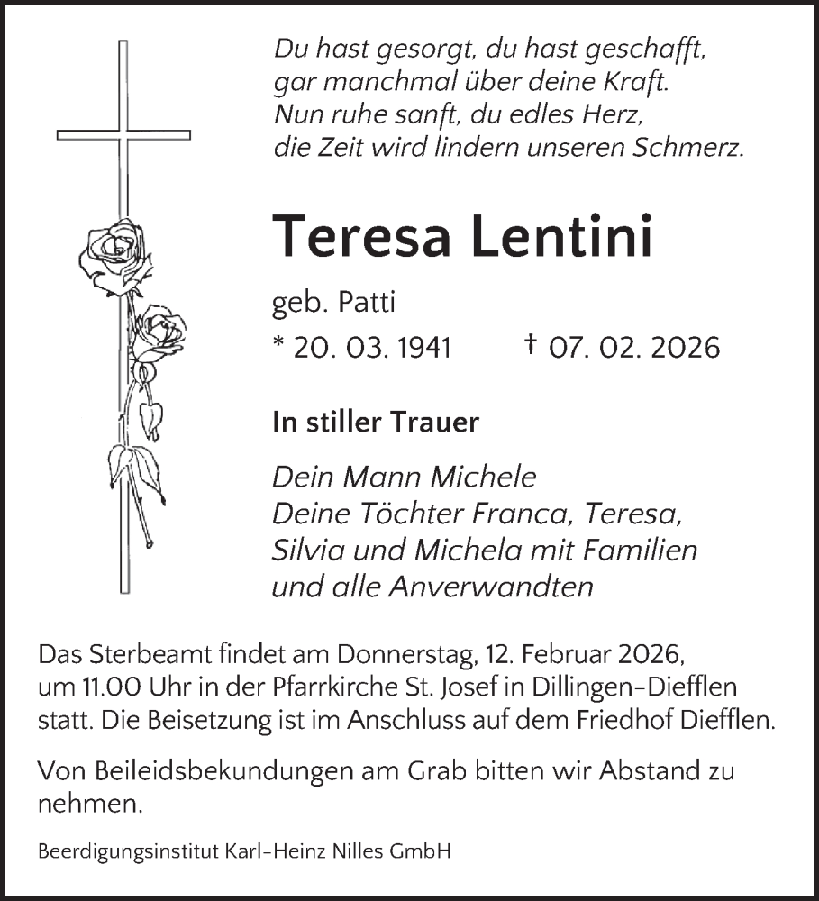  Traueranzeige für Teresa Lentini vom 10.02.2026 aus saarbruecker_zeitung