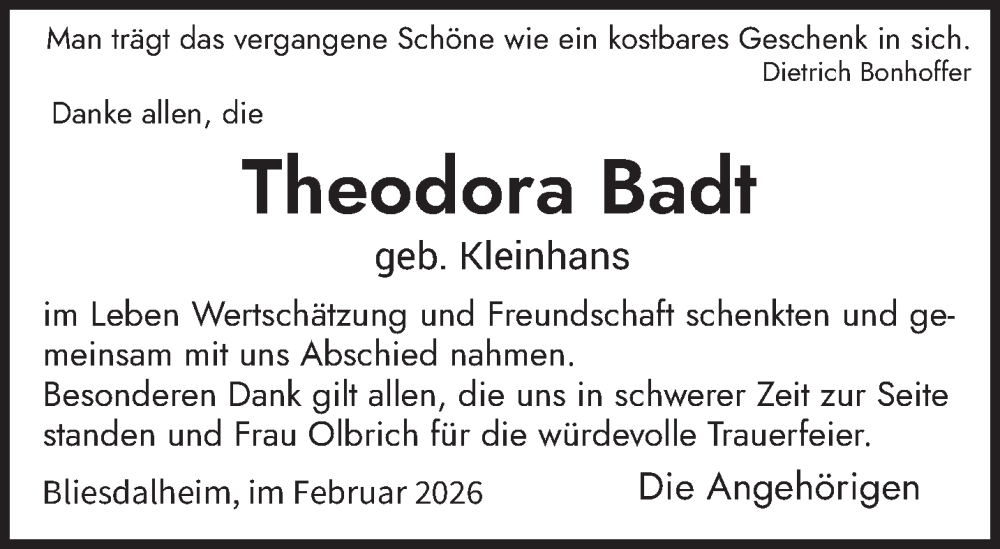  Traueranzeige für Theodora Badt vom 14.02.2026 aus saarbruecker_zeitung
