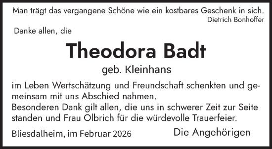 Traueranzeige von Theodora Badt von saarbruecker_zeitung