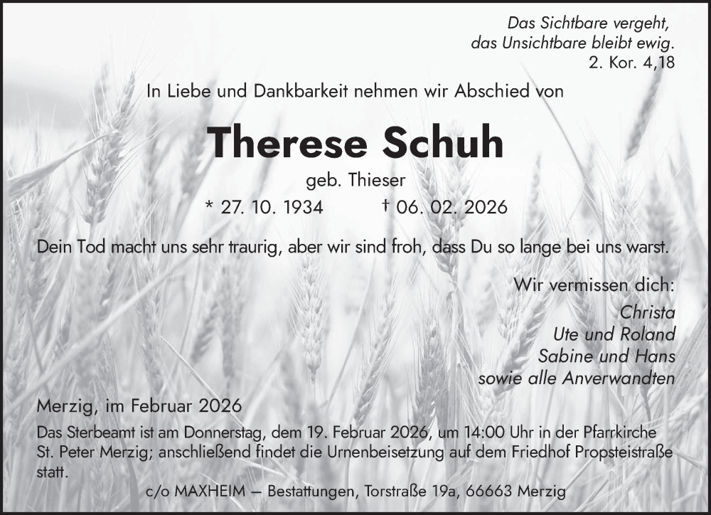  Traueranzeige für Therese Schuh vom 14.02.2026 aus saarbruecker_zeitung