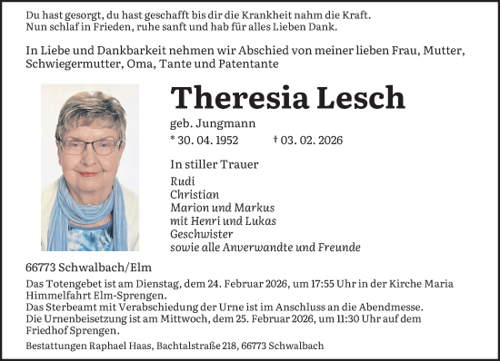 Traueranzeige von Theresia Lesch von saarbruecker_zeitung