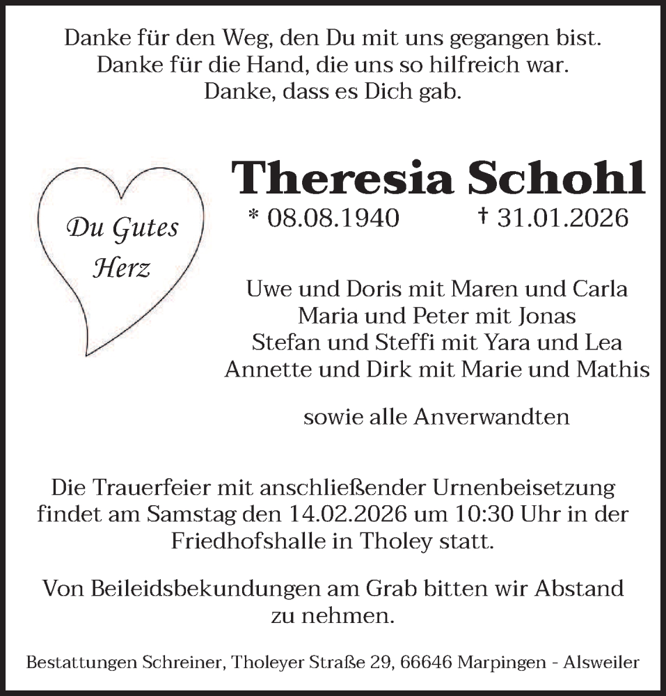  Traueranzeige für Theresia Schohl vom 11.02.2026 aus saarbruecker_zeitung