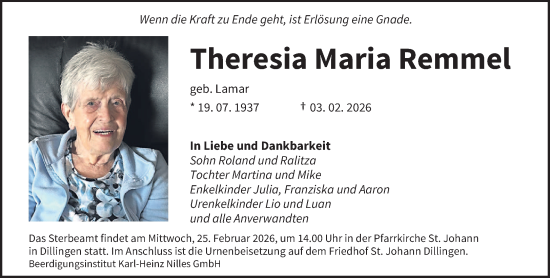 Traueranzeige von Theresia Maria Remmel von saarbruecker_zeitung