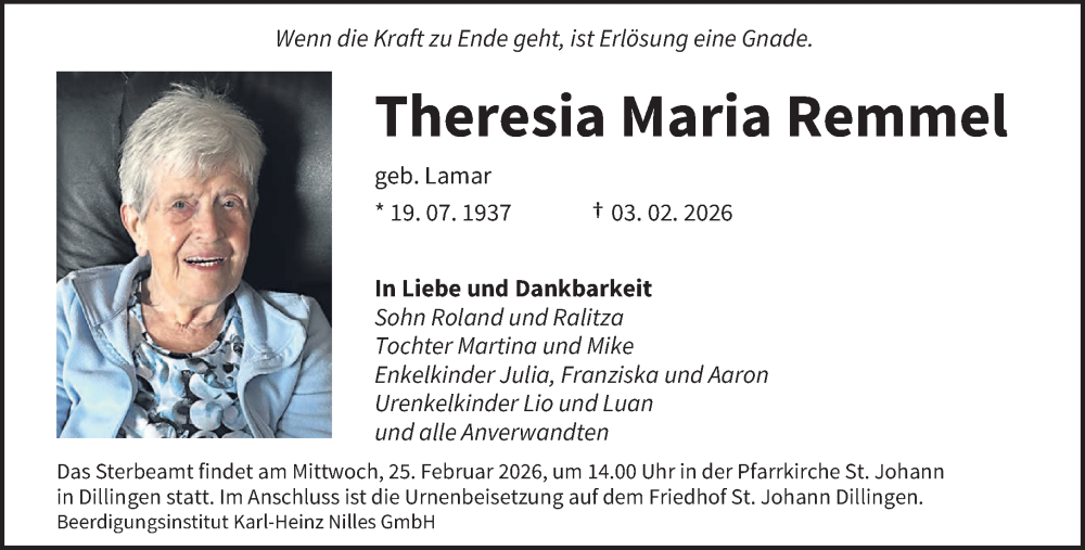  Traueranzeige für Theresia Maria Remmel vom 21.02.2026 aus saarbruecker_zeitung