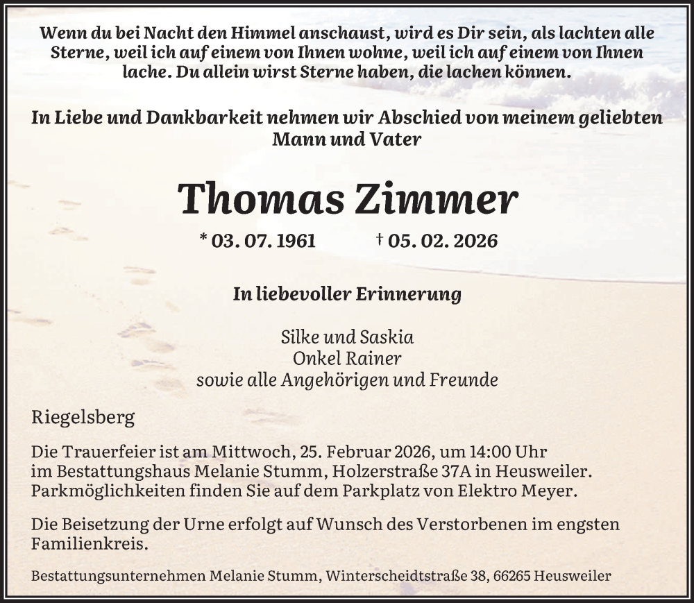  Traueranzeige für Thomas Zimmer vom 14.02.2026 aus saarbruecker_zeitung