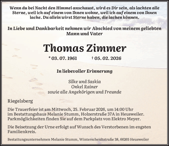 Traueranzeige von Thomas Zimmer von saarbruecker_zeitung