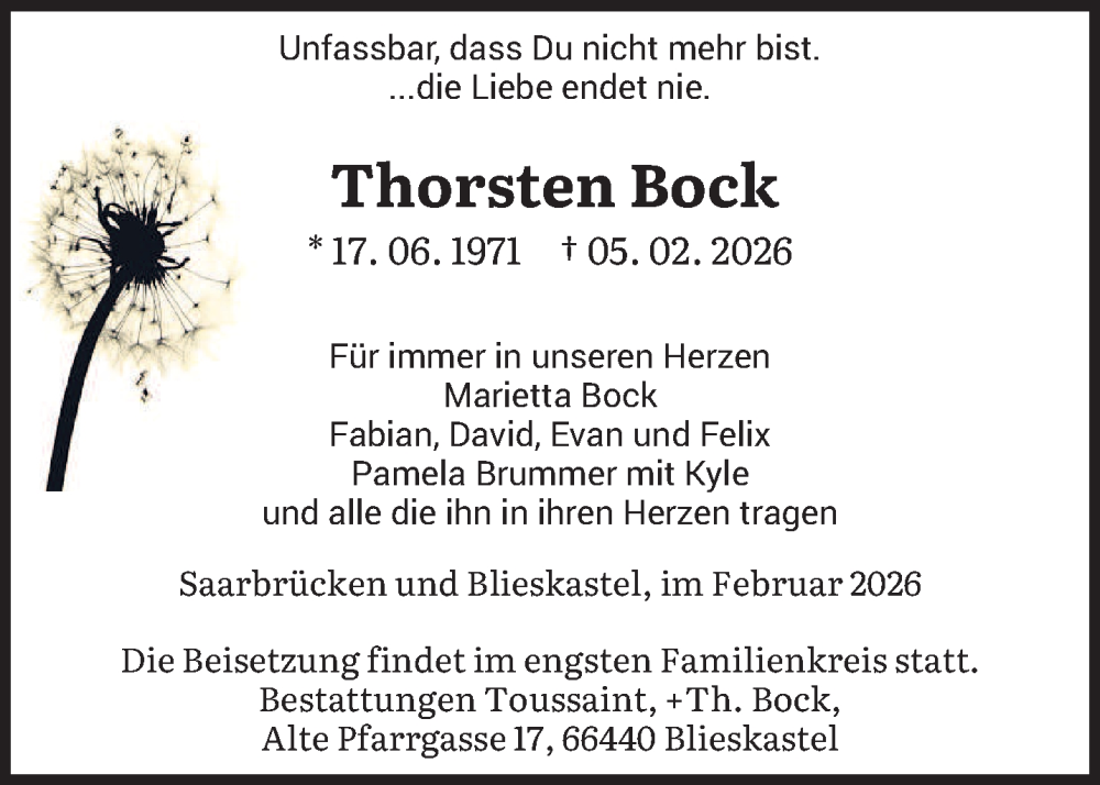  Traueranzeige für Thorsten Bock vom 14.02.2026 aus saarbruecker_zeitung