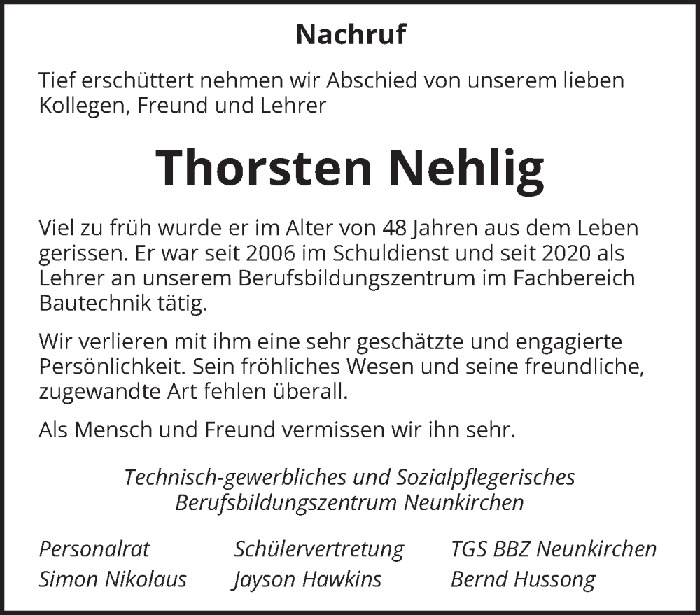  Traueranzeige für Thorsten Nehlig vom 28.02.2026 aus saarbruecker_zeitung