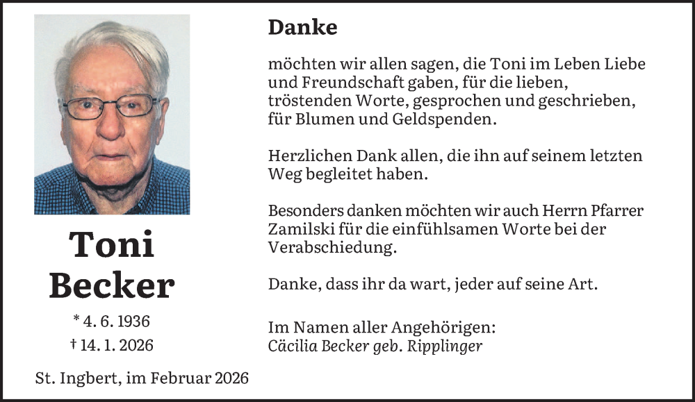  Traueranzeige für Toni Becker vom 14.02.2026 aus saarbruecker_zeitung