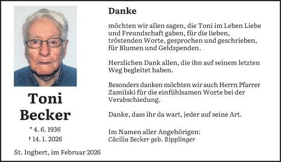 Traueranzeige von Toni Becker von saarbruecker_zeitung