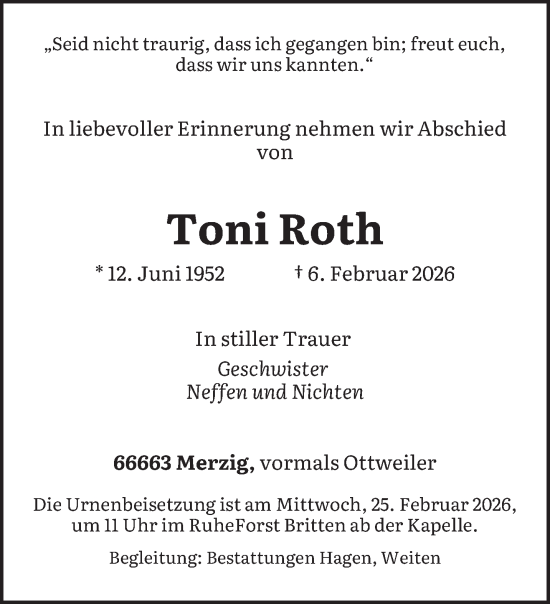 Traueranzeige von Toni Roth von saarbruecker_zeitung