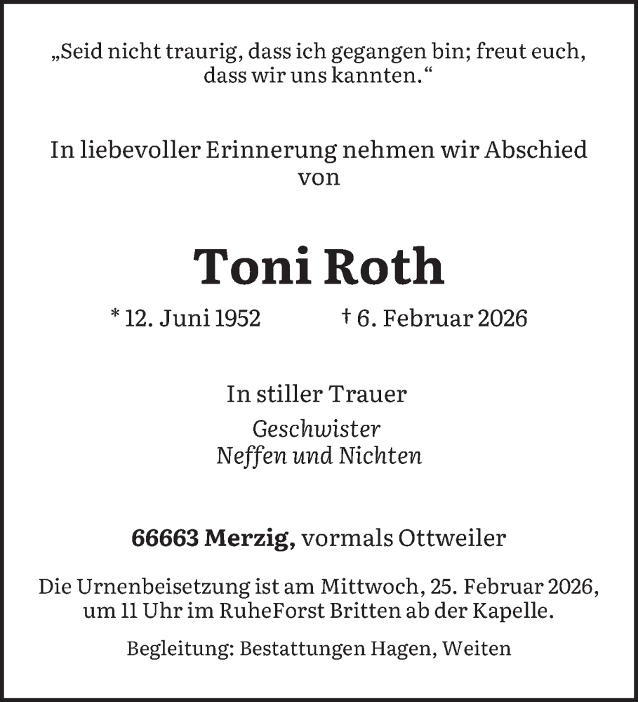  Traueranzeige für Toni Roth vom 14.02.2026 aus saarbruecker_zeitung