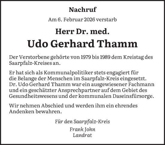 Traueranzeige von Udo Gerhard Thamm von saarbruecker_zeitung
